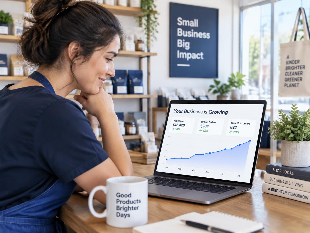 A local business owner reviewing rising traffic and lead numbers on a laptop at her shop counter